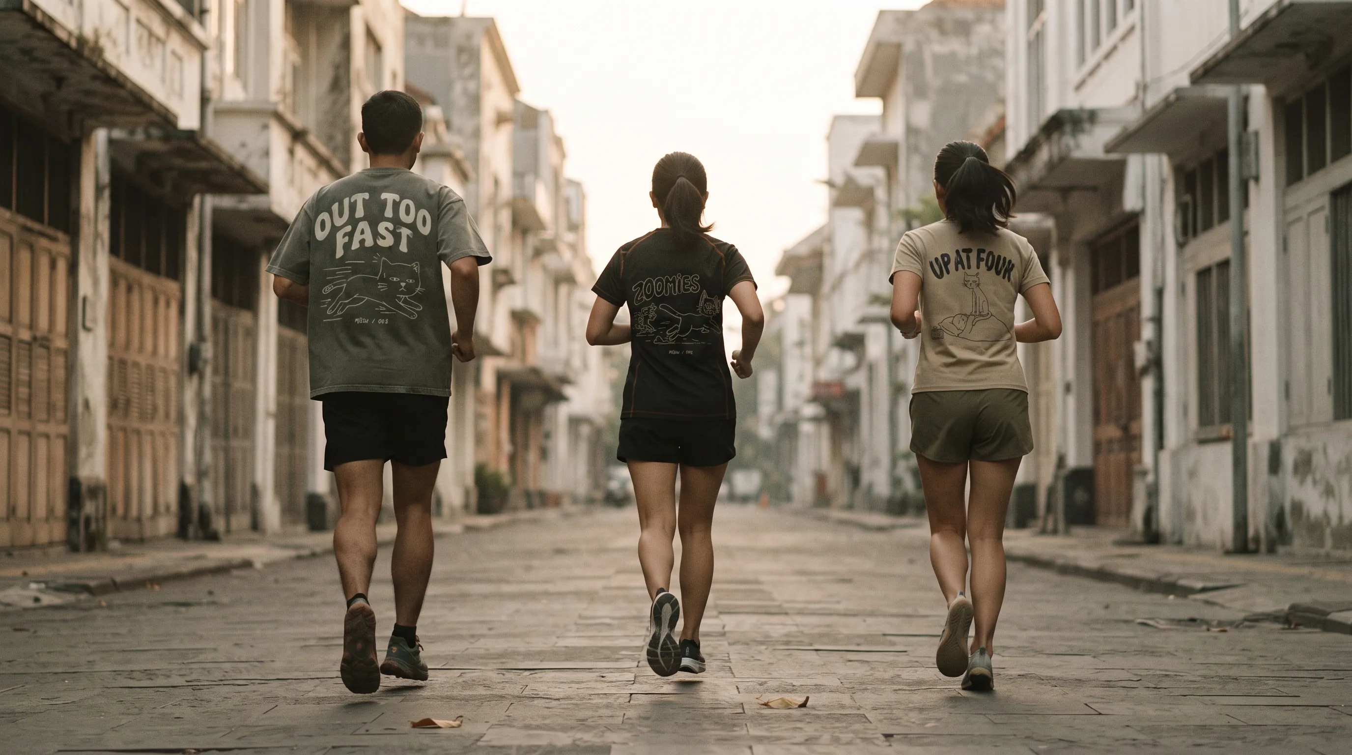 Tiga pelari dari belakang: OUT TOO FAST boxy, ZOOMIES fitted, UP AT FOUR fitted