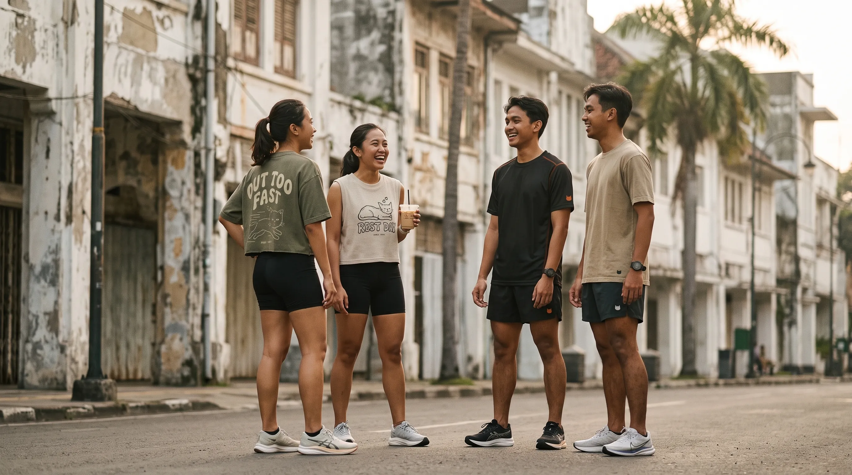 Empat pelari ngobrol setelah lari, crop top dan crop tank kelihatan