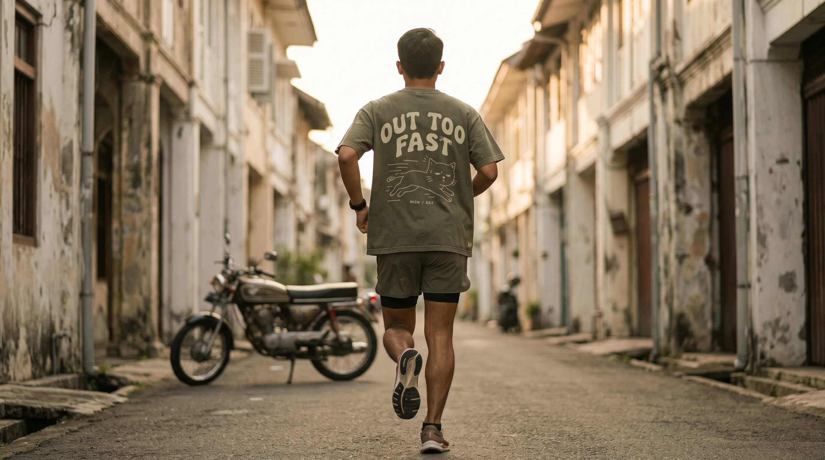 Pelari dari belakang, kaos OUT TOO FAST olive