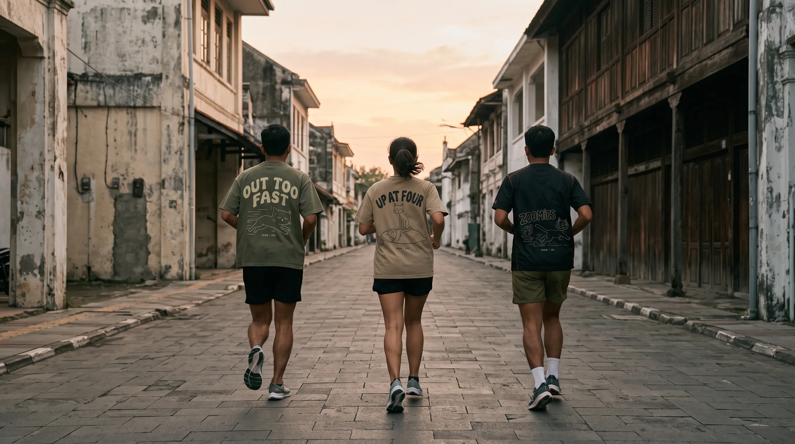 Tiga pelari berlari menjauh saat matahari terbit, punggung kaos bertuliskan OUT TOO FAST, UP AT FOUR, dan ZOOMIES